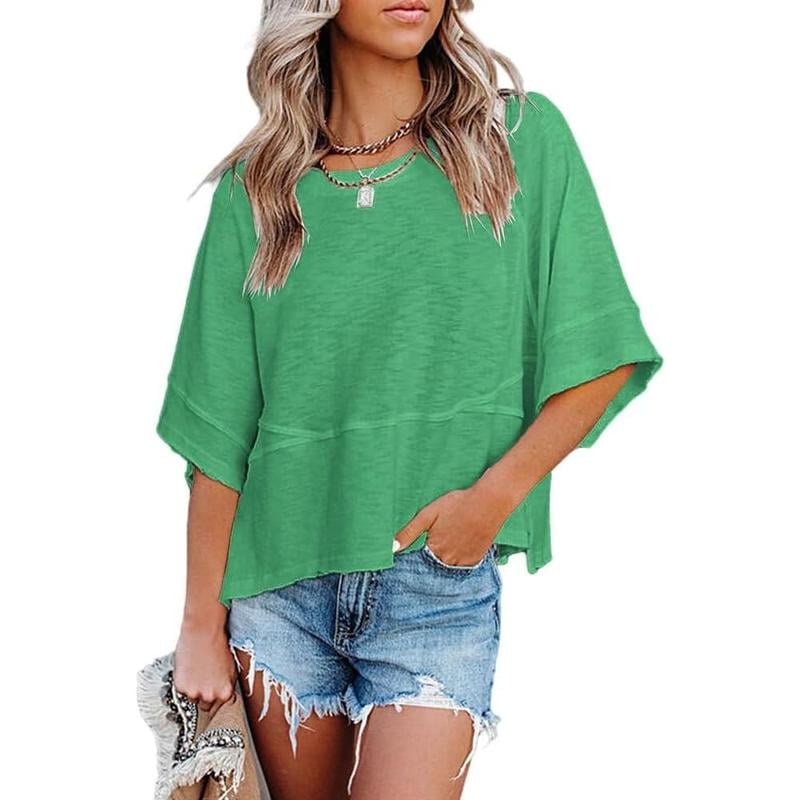 Women's Summer Casual Crewneck Batwing Half Sleeve T-Shirts Solid Color Loose Fit