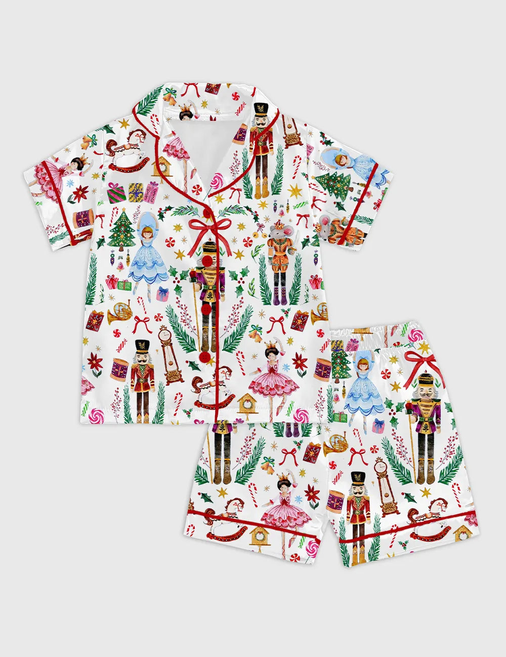 Kid's Vintage Christmas Nutcracker Ballet Holiday Party Short Sleeve Satin Pajama Set
