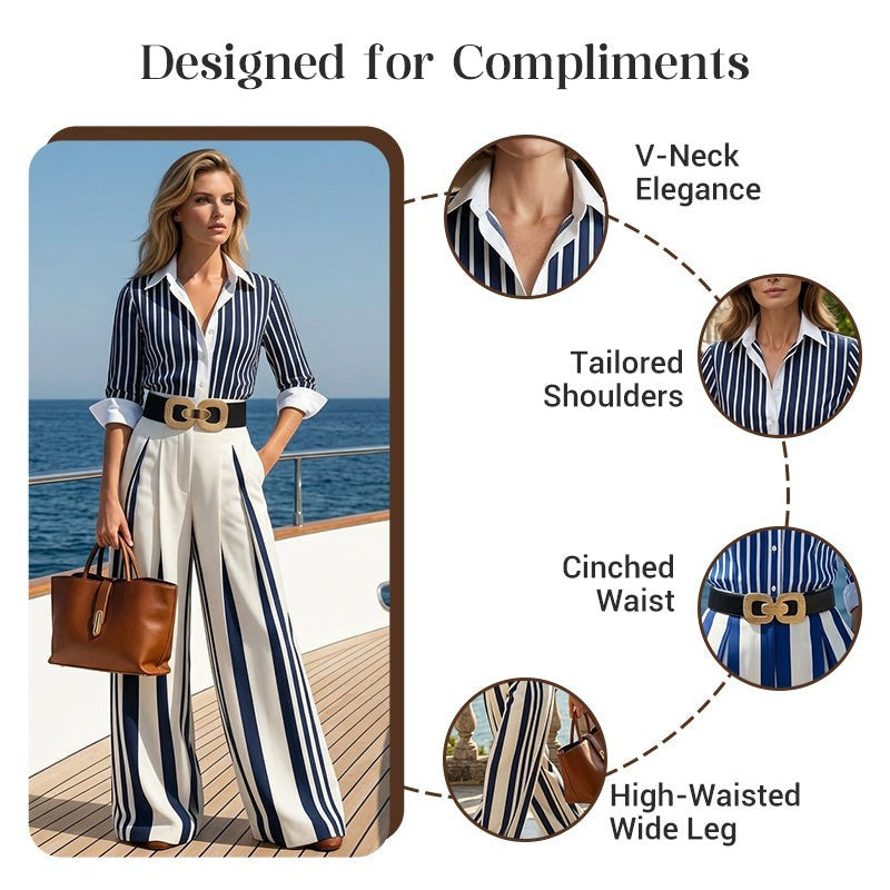 📢📢40% OFF !! ⏰Women's Striped Shirt & Wide-Leg Pants 2-Piece Set