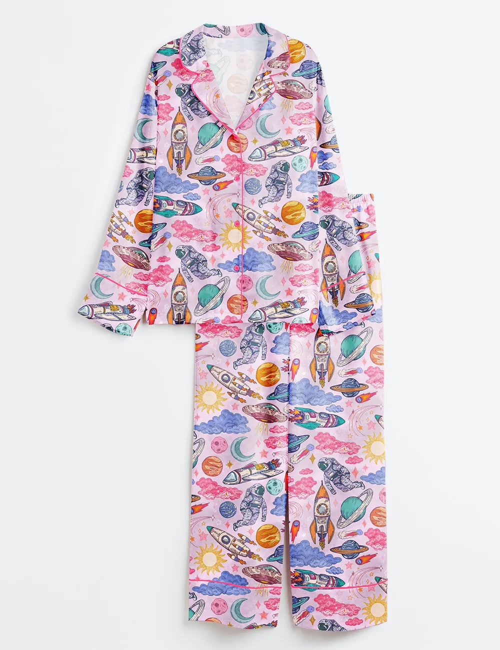 Women's Rocket Man Space Long Sleeve Satin Pajama Set