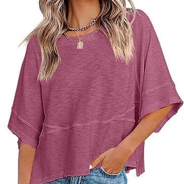 Women's Summer Casual Crewneck Batwing Half Sleeve T-Shirts Solid Color Loose Fit