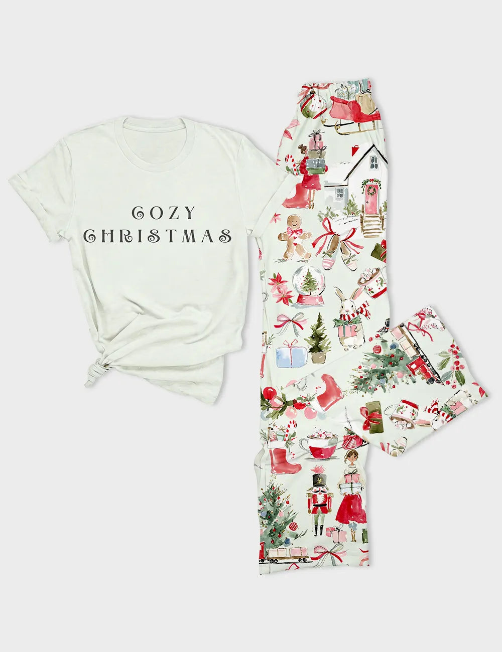 Women's Cozy Christmas Nutcracker Winter Animals Houses & Holiday Gifts Short Sleeve Cotton T-Shirt Pajama Set