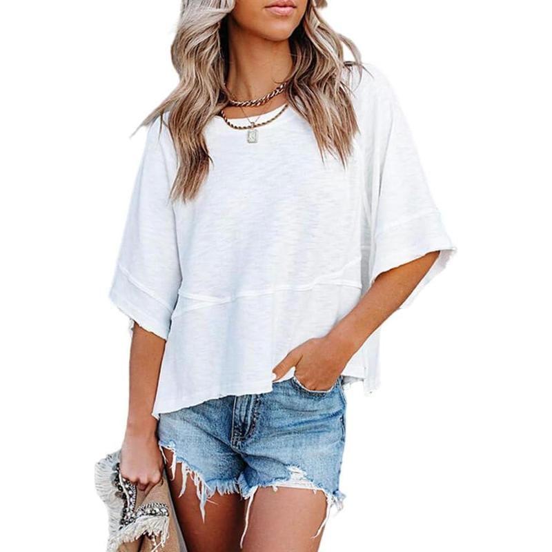 Women's Summer Casual Crewneck Batwing Half Sleeve T-Shirts Solid Color Loose Fit