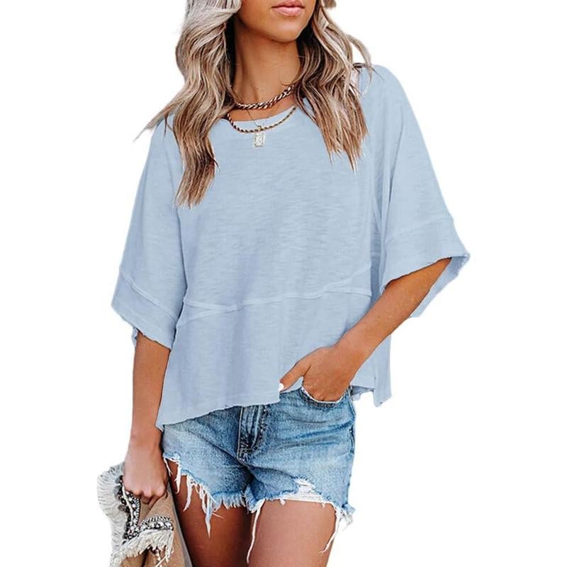 Women's Summer Casual Crewneck Batwing Half Sleeve T-Shirts Solid Color Loose Fit