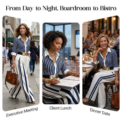 📢📢40% OFF !! ⏰Women's Striped Shirt & Wide-Leg Pants 2-Piece Set