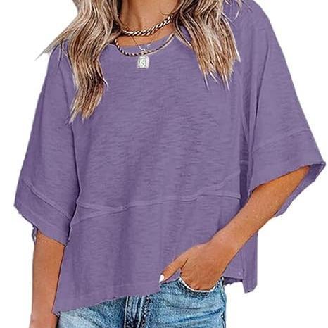 Women's Summer Casual Crewneck Batwing Half Sleeve T-Shirts Solid Color Loose Fit