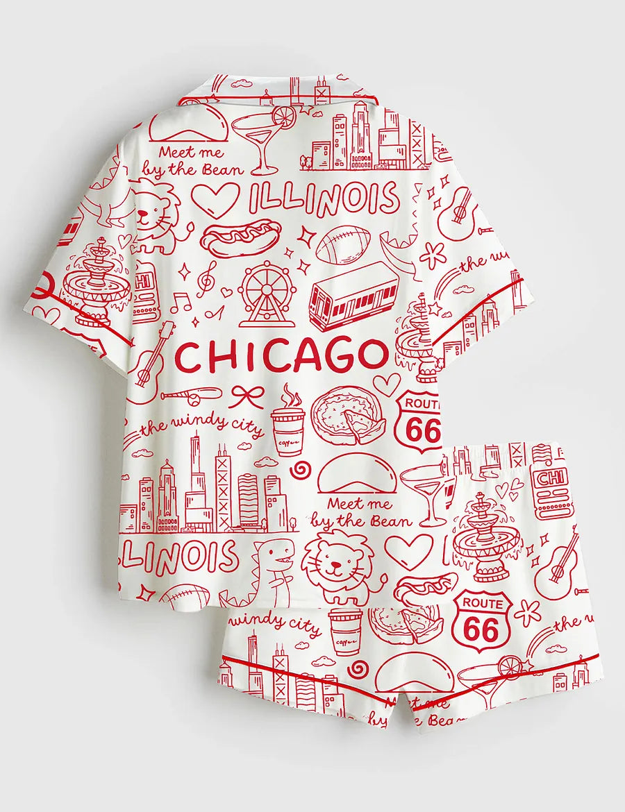 Women’s Chicago Icons Illinois Landmarks I Love Chicago Short Sleeve Satin Pajama Set