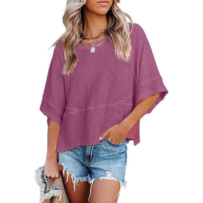 Women's Summer Casual Crewneck Batwing Half Sleeve T-Shirts Solid Color Loose Fit
