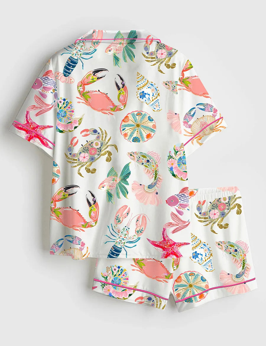 Women’s Tropical Reef Watercolor Shells Crab Fish Ocean Beach Short Sleeve Silky Satin Pajama Set