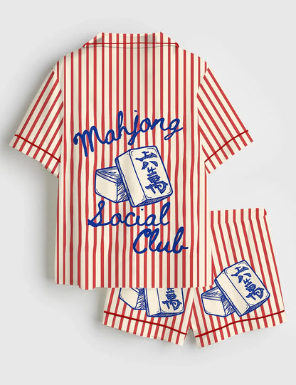 Women’s Mahjong Social Club Funny Board Game Short Sleeve Silky Satin Pajama Set