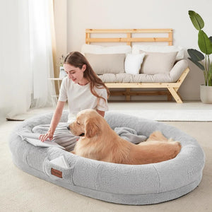 Adults' Oval Nap Bed with Blanket - Giant Bean Bag Dog Bed for People, Washable Faux Fur, 72"x48"x10"