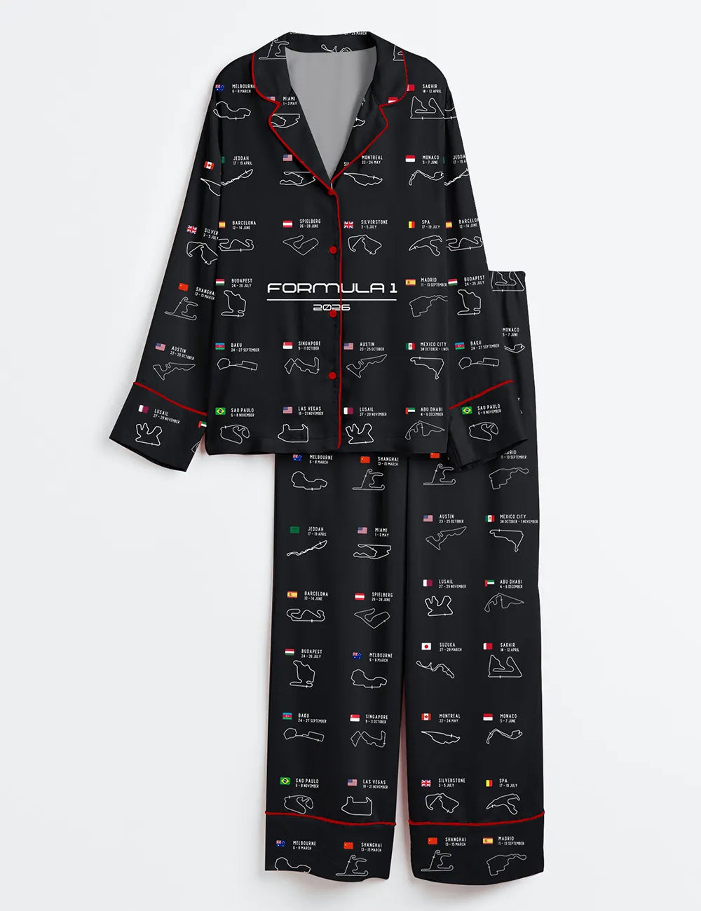 Women’s Formula One 2026 Calendar Formula Racing Season Long Sleeve Satin Pajama Set