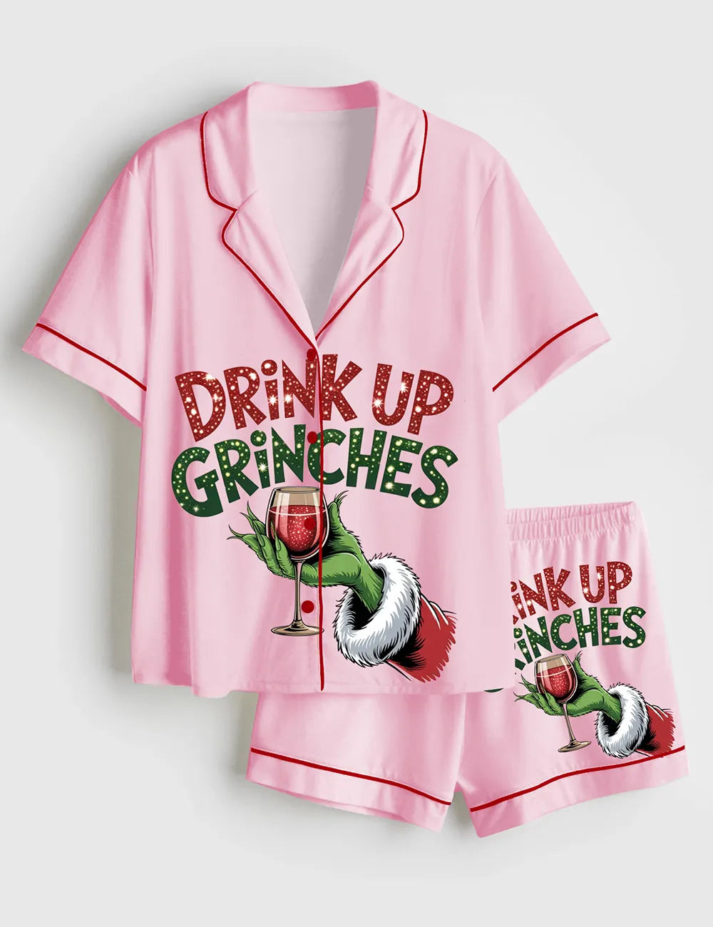Women’s Drink Up Grinches Christmas Short Sleeve Satin Pajama Set