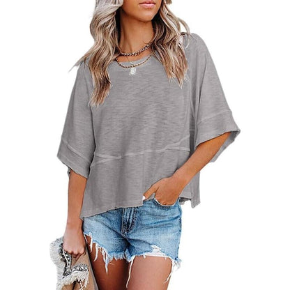 Women's Summer Casual Crewneck Batwing Half Sleeve T-Shirts Solid Color Loose Fit