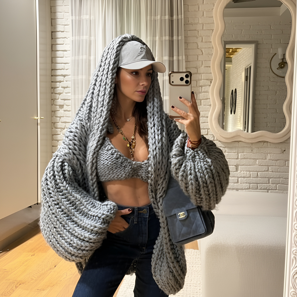 Oversized Cable Knit Hooded Open Front Cardigan For Women