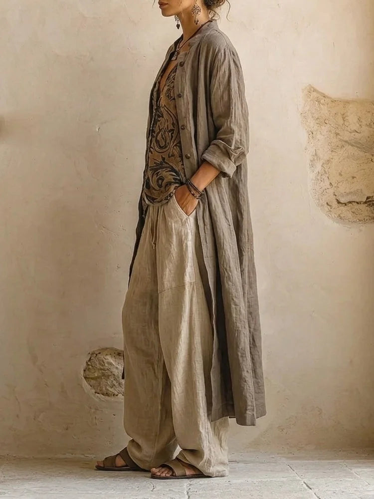 Casual Bohemian Linen And Cotton Long Cardigan And Sleeveless Top And Pants Three-piece Set