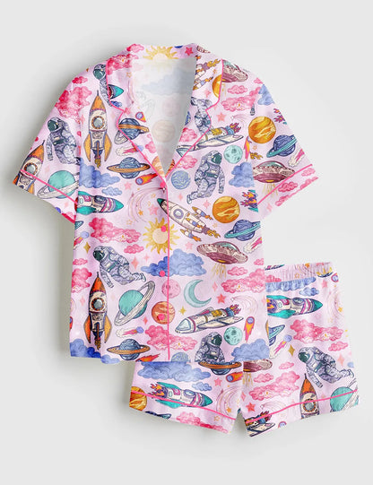 Women's Rocket Man Space Short Sleeve Satin Pajama Set