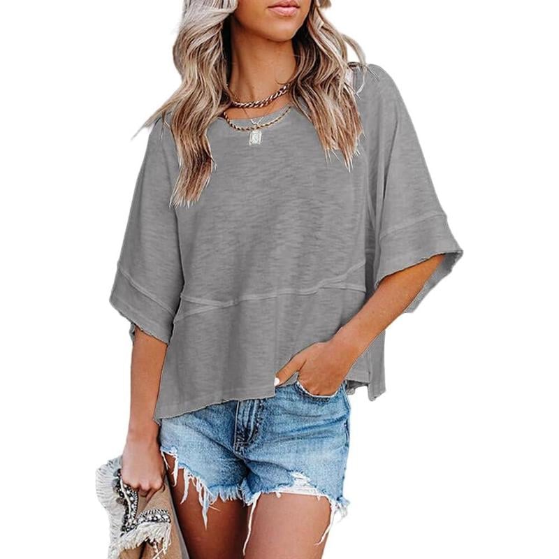 Women's Summer Casual Crewneck Batwing Half Sleeve T-Shirts Solid Color Loose Fit