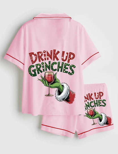 Women’s Drink Up Grinches Christmas Short Sleeve Satin Pajama Set