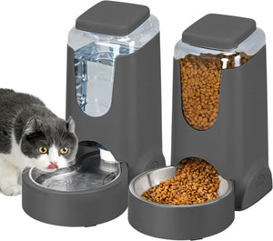 2-Pack Automatic Cat Feeder & Water Dispenser Set - Stainless Steel, Gravity-Fed for Small to Medium Pets