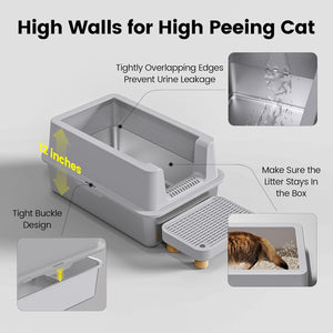 Stainless Steel Cat Litter Box with Lid -  Metal Litter Box for Big Cats, High Sided Kitty Litter Box Anti-Leakage