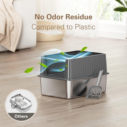 Stainless Steel Litter Box, Cat Litter Box for Kittens, Metal Litter Box with Lid for Small Medium Cats