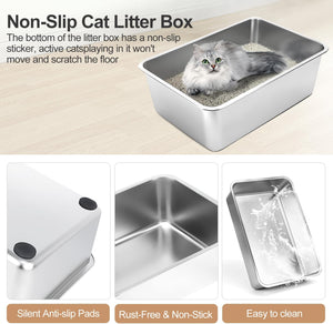 Stainless Steel Cat Litter Box with Lid - Large, High-Sided, Easy Clean, Anti-Leak - Includes Scoop