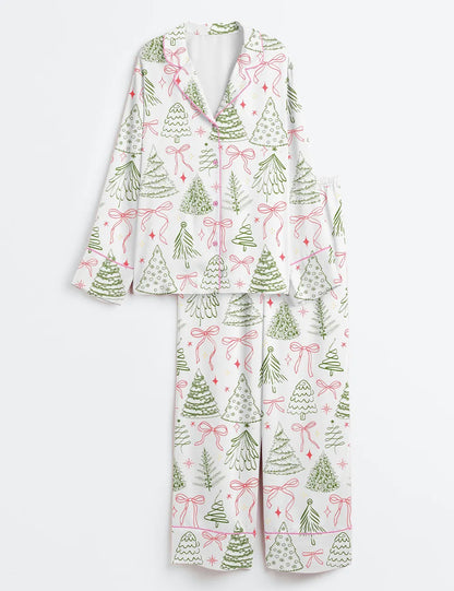 Women’s Preppy Christmas Tree Vintage Coquette Bow Long Sleeve Satin Pajama Set