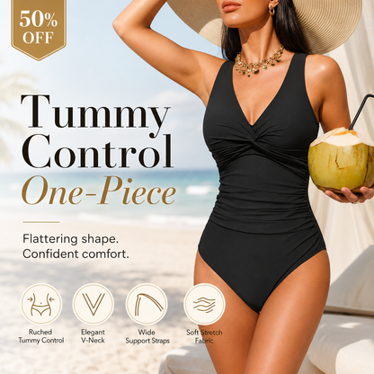 👙Tummy Control Ruched One-Piece – V-Neck & Full Coverage