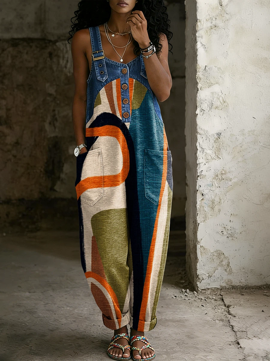 Sienna | Women's Abstract Print Denim Patchwork Oversized Jumpsuit