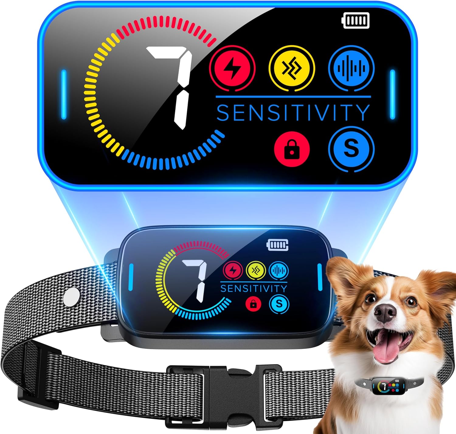 Smart Bark Collar for Large & Medium Dogs - Rechargeable, Ultrasonic Beep Vibration Shock, Adjustable Sensitivity