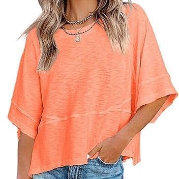 Women's Summer Casual Crewneck Batwing Half Sleeve T-Shirts Solid Color Loose Fit