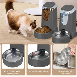 2-Pack Automatic Cat Feeder & Water Dispenser Set - Stainless Steel, Gravity-Fed for Small to Medium Pets