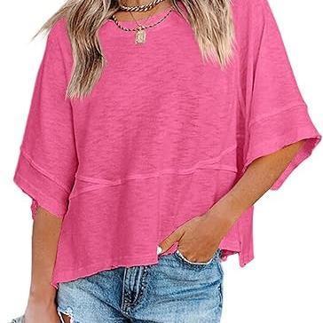 Women's Summer Casual Crewneck Batwing Half Sleeve T-Shirts Solid Color Loose Fit
