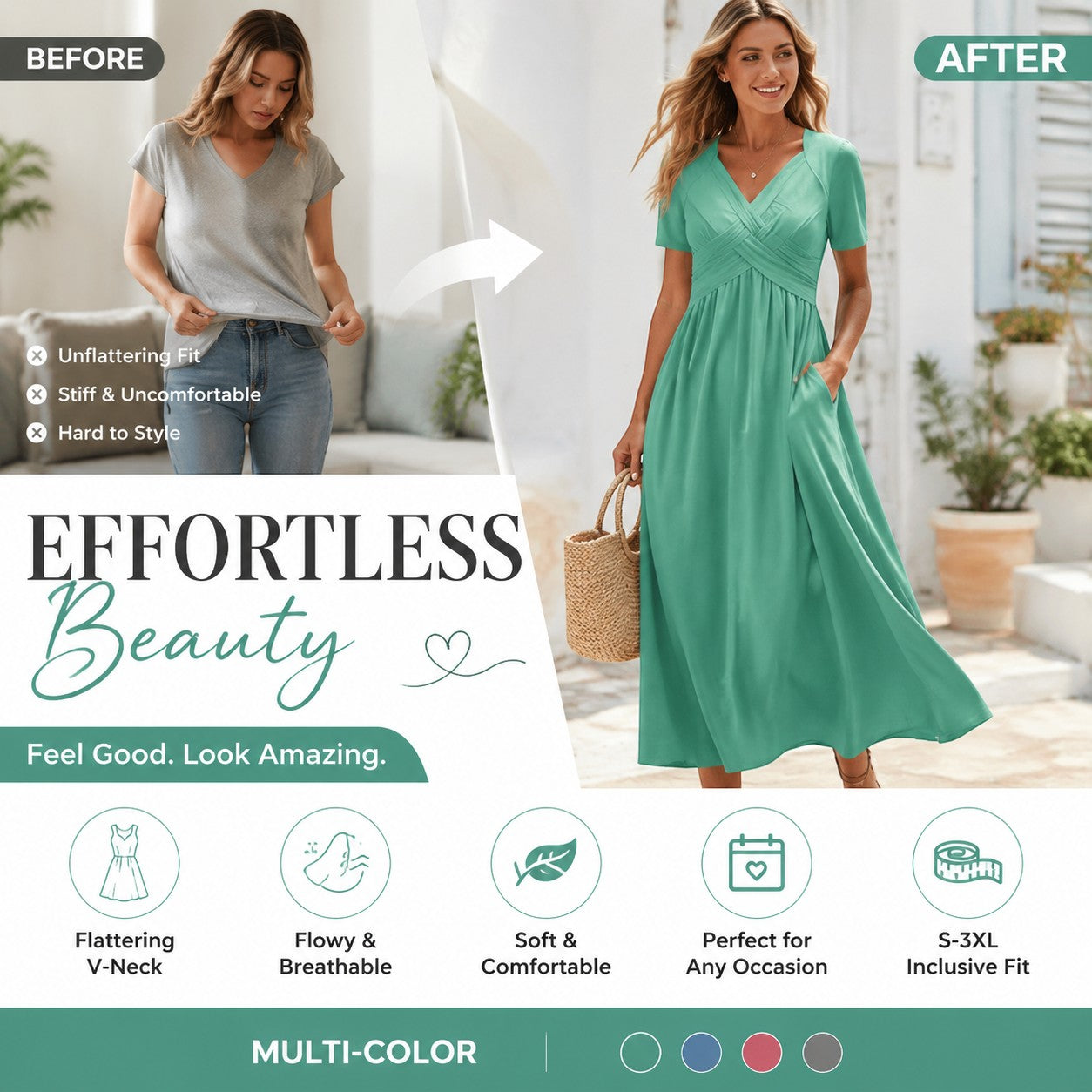 Flowy V-Neck Midi Dress – Soft & Breathable