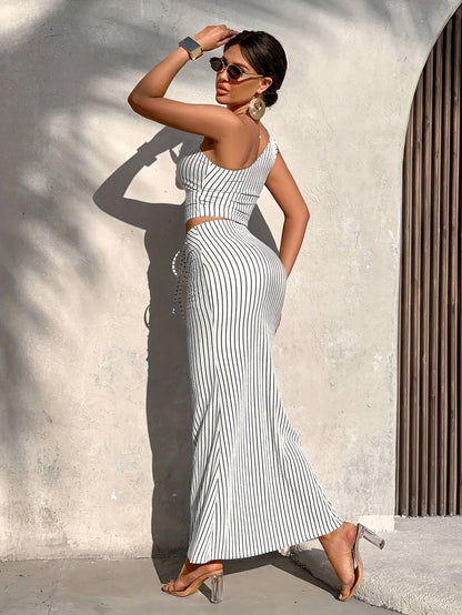 Belinda | One-Shoulder Striped Matching Skirt Set