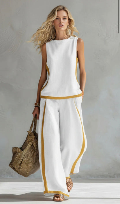 Leila | Contrast Trim Sleeveless Shell And Wide-Leg Linen Set