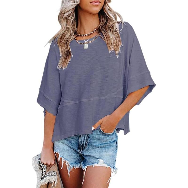 Women's Summer Casual Crewneck Batwing Half Sleeve T-Shirts Solid Color Loose Fit
