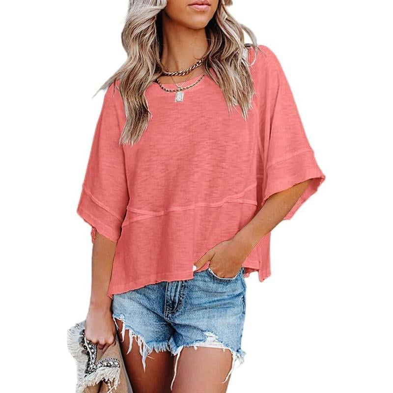 Women's Summer Casual Crewneck Batwing Half Sleeve T-Shirts Solid Color Loose Fit