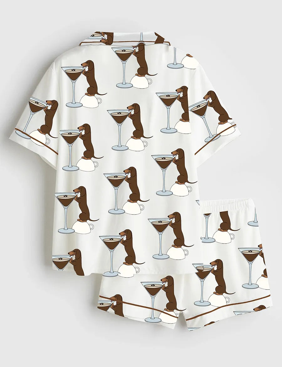 Women’s Dachshund Teeni Weeni Espresso Martini Short Sleeve Satin Pajama Set