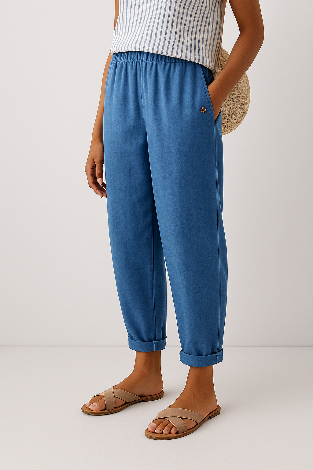 Wanda | Women's Elastic Waist Linen Tapered Pants with Pocket Detail