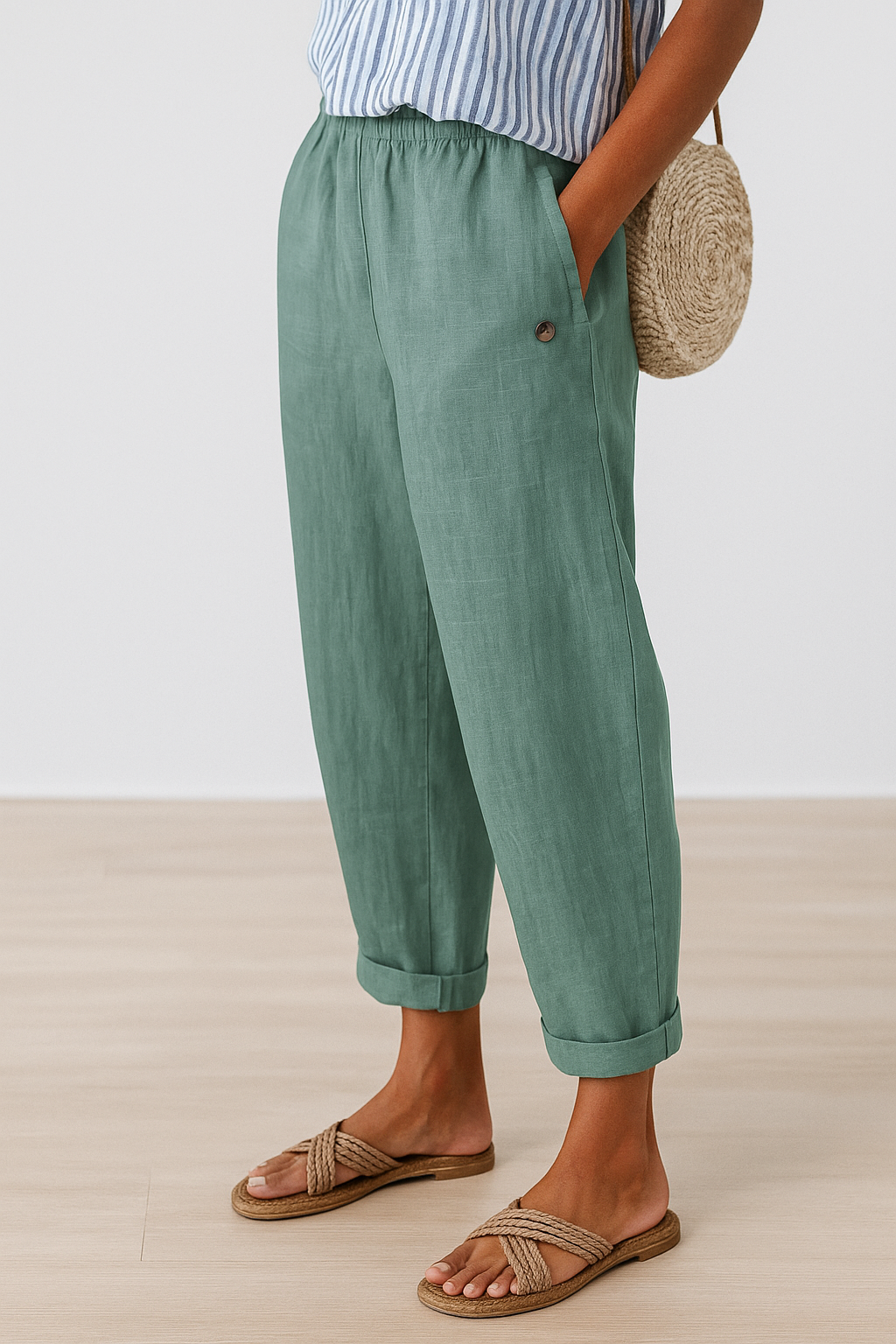 Wanda | Women's Elastic Waist Linen Tapered Pants with Pocket Detail