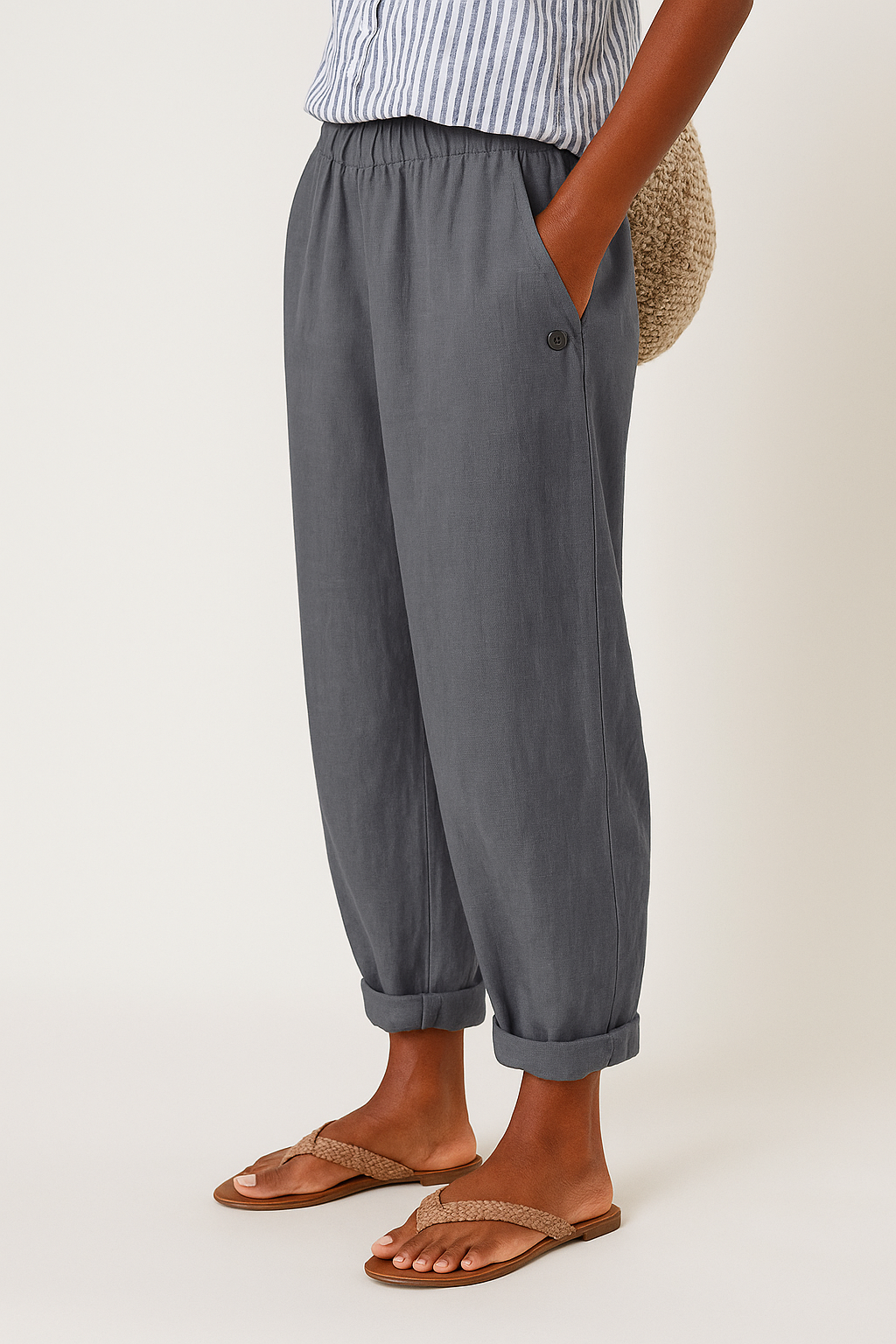Wanda | Women's Elastic Waist Linen Tapered Pants with Pocket Detail