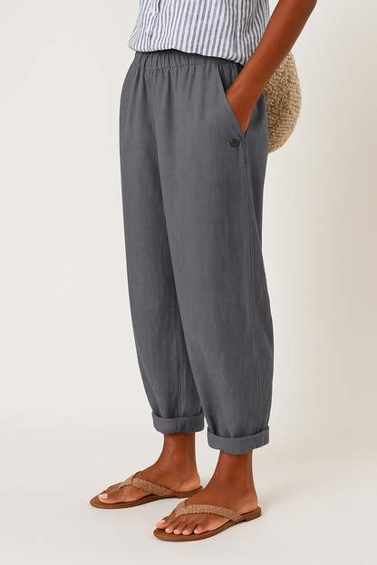 Wanda | Women's Elastic Waist Linen Tapered Pants with Pocket Detail