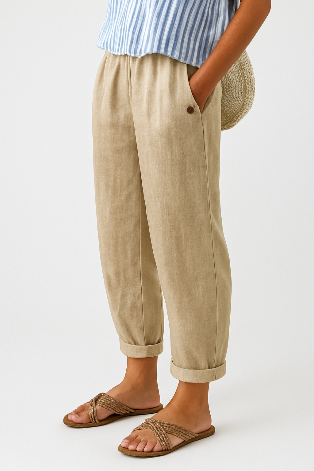 Wanda | Women's Elastic Waist Linen Tapered Pants with Pocket Detail