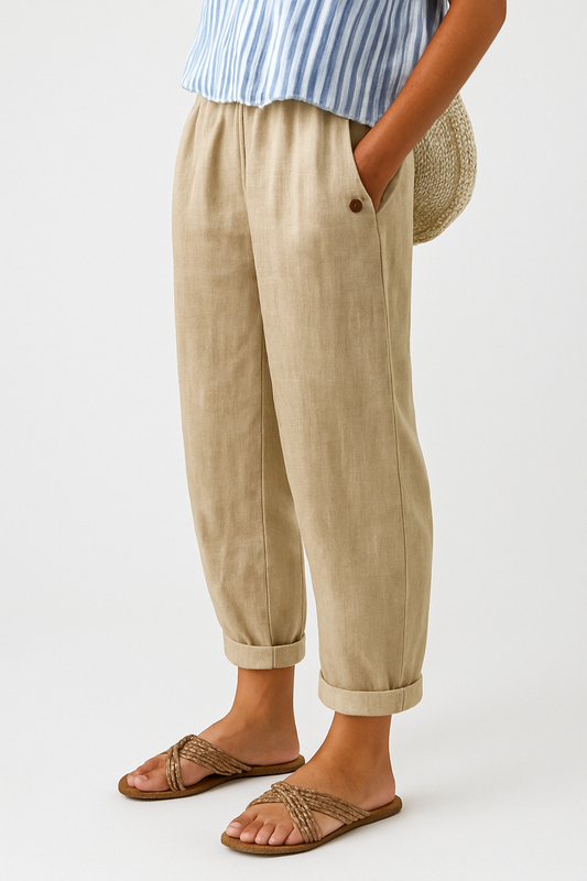Wanda | Women's Elastic Waist Linen Tapered Pants with Pocket Detail