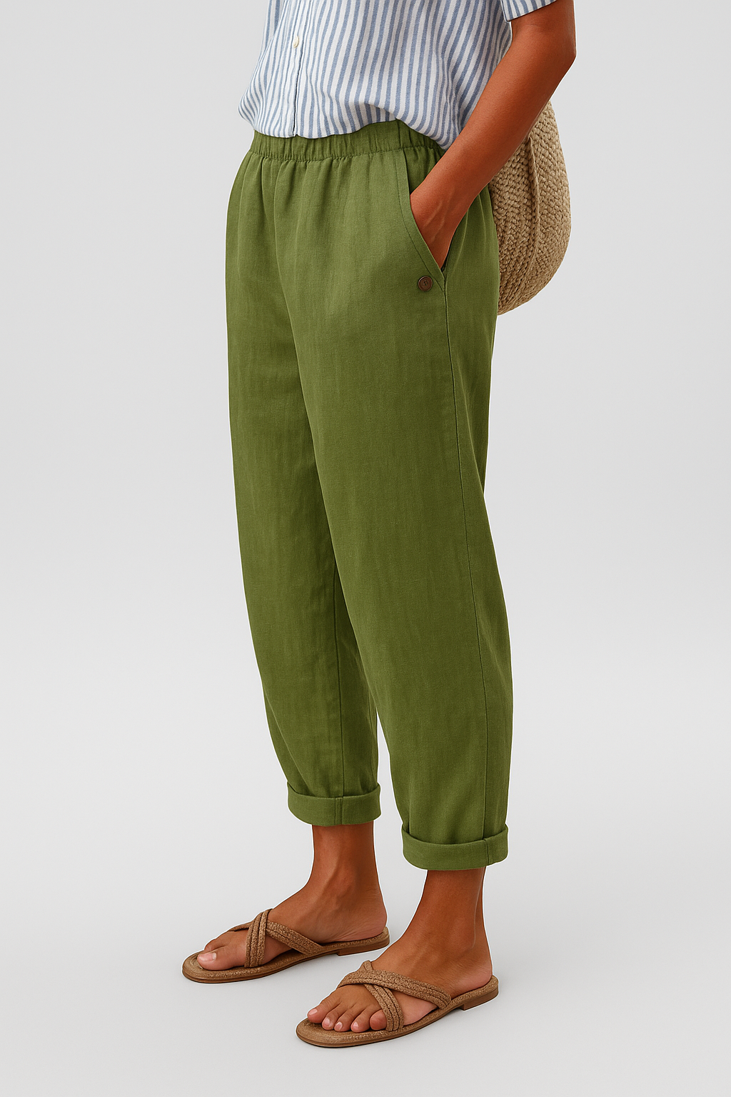 Wanda | Women's Elastic Waist Linen Tapered Pants with Pocket Detail