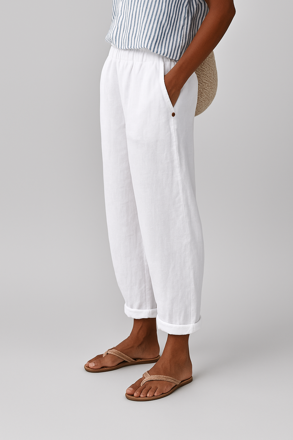 Wanda | Women's Elastic Waist Linen Tapered Pants with Pocket Detail