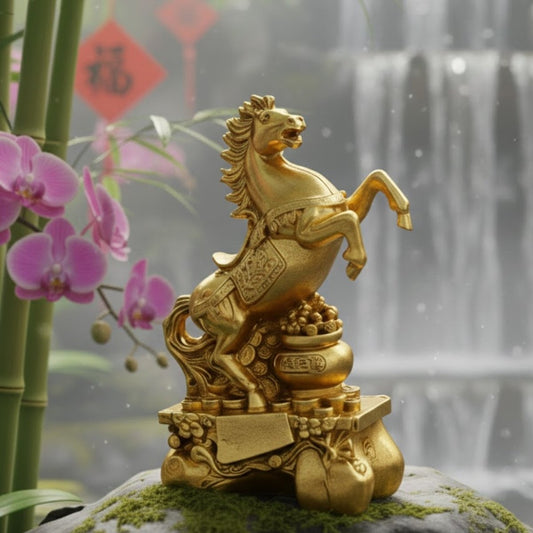 Feng Shui Success | Fire Horse Statue with Elegant Golden Finish | Symbol of Wealth and Luck for Ambition 0