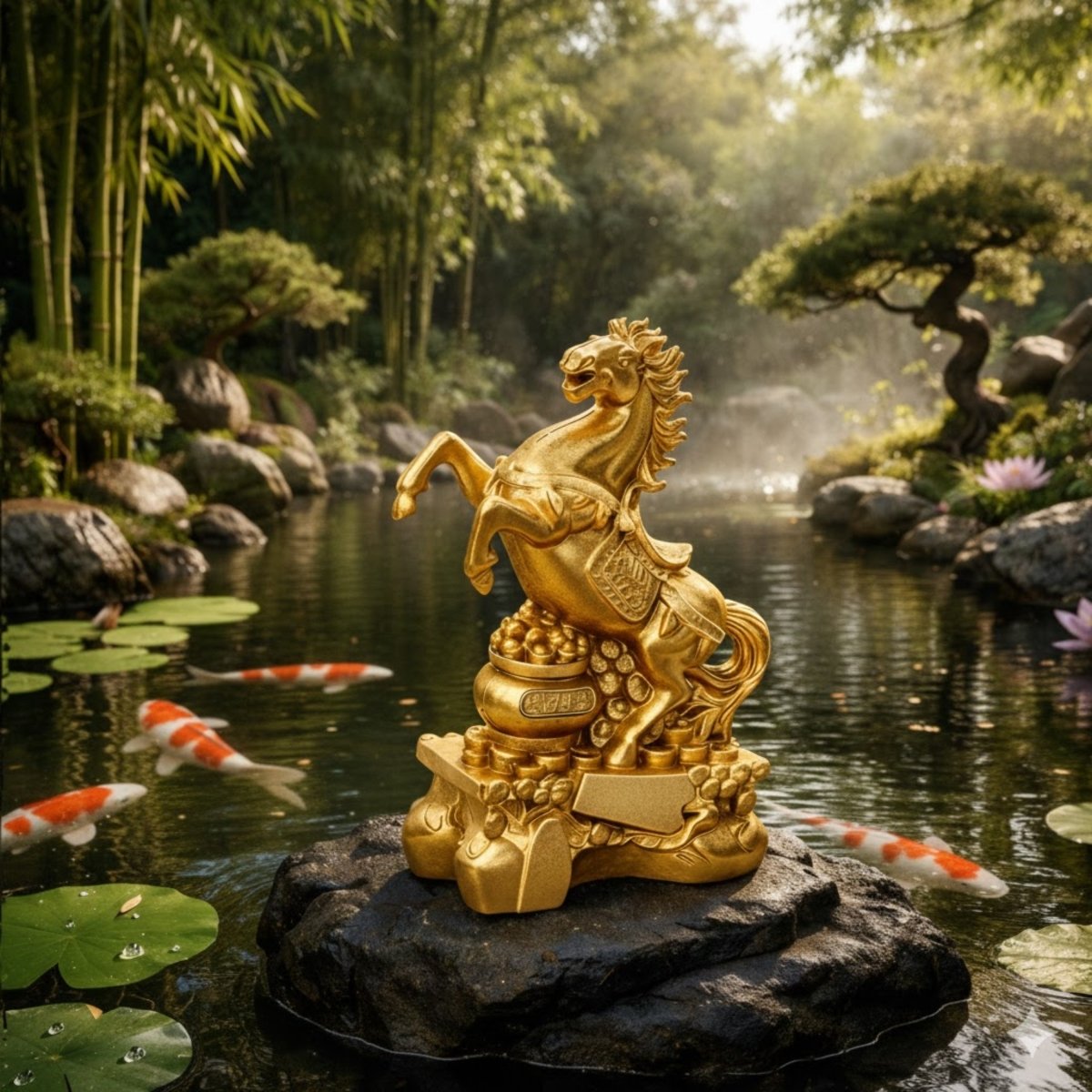 Feng Shui Success | Fire Horse Statue with Elegant Golden Finish | Symbol of Wealth and Luck for Ambition 1